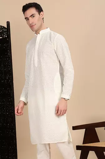 Off white cotton chikankari kurta for mens