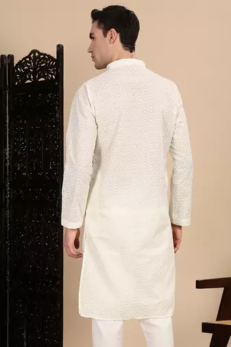 Off white cotton chikankari kurta for mens