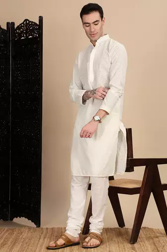 Off white cotton chikankari kurta for mens