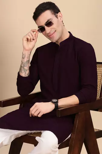 Purple cotton chikankari kurta for mens