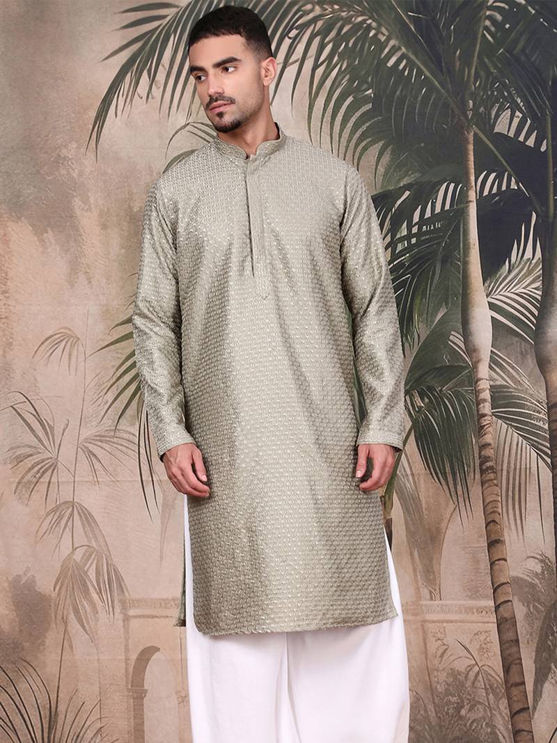 Pista silk blend sequins kurta for mens