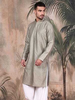 Pista silk blend sequins kurta for mens 3