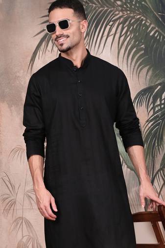 Black cotton textured kurta for mens
