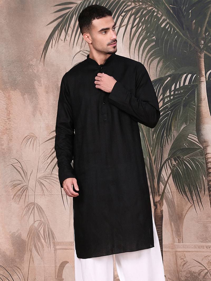 Black cotton textured kurta for mens
