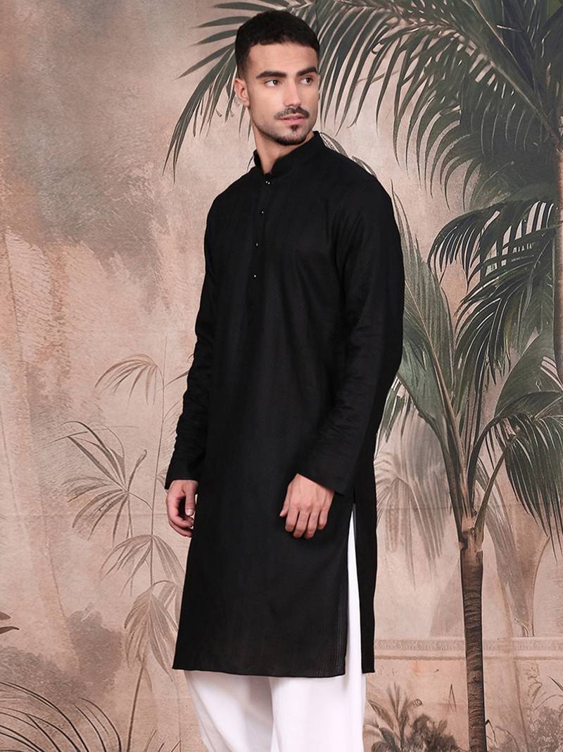 Black cotton textured kurta for mens