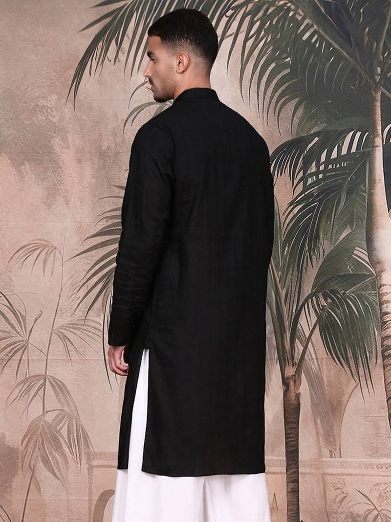 Black cotton textured kurta for mens