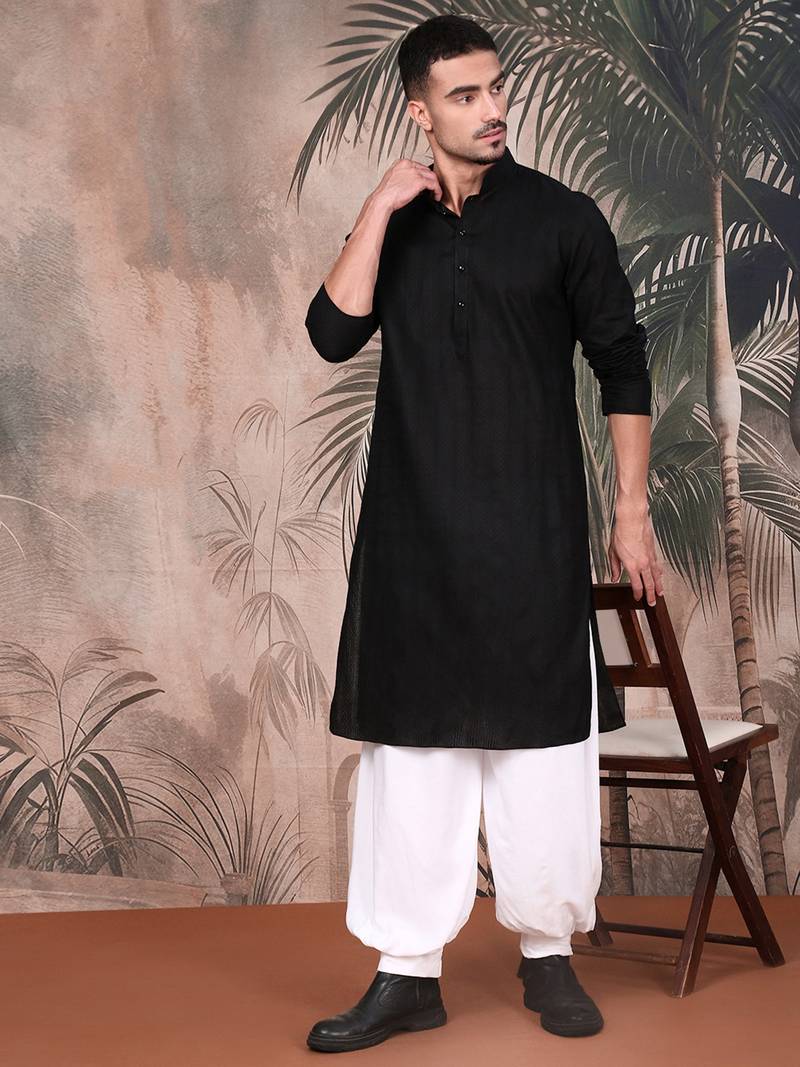 Black cotton textured kurta for mens