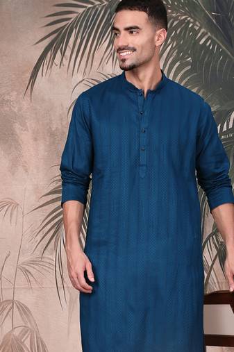 Blue cotton textured kurta for mens