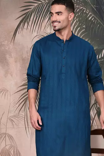 Blue cotton textured kurta for mens
