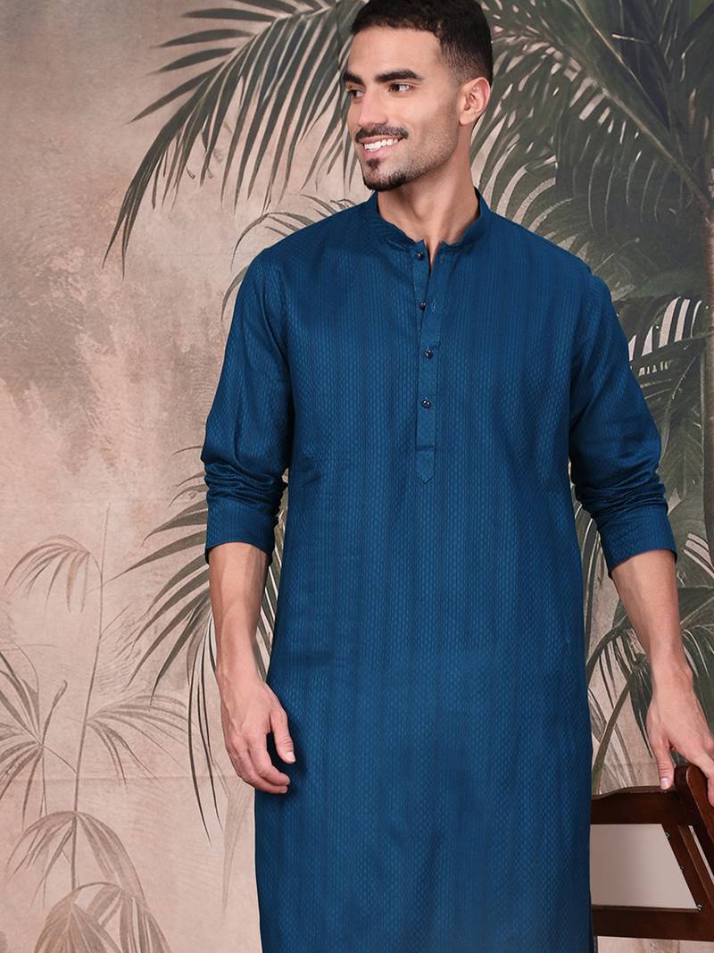 Blue cotton textured kurta for mens
