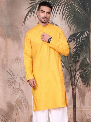 Mustard cotton textured kurta for mens 1
