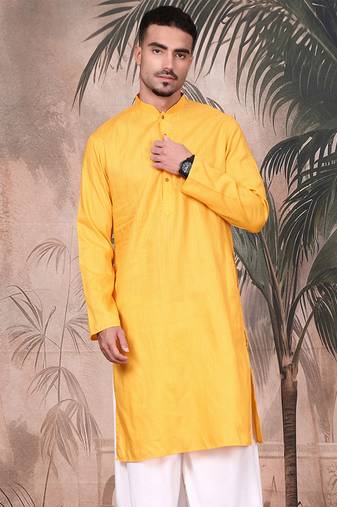 Mustard cotton textured kurta for mens