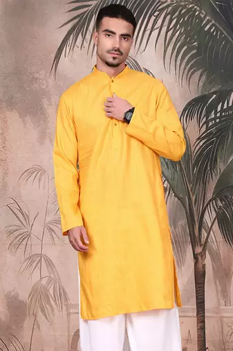 Mustard cotton textured kurta for mens