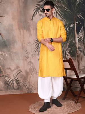 Mustard cotton textured kurta for mens 5