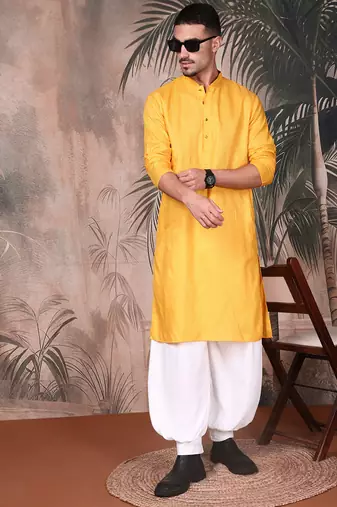 Mustard cotton textured kurta for mens