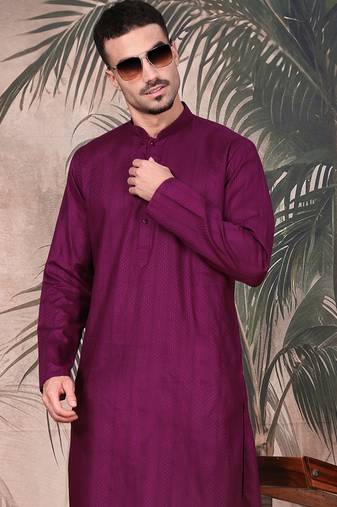 Purple cotton textured kurta for mens