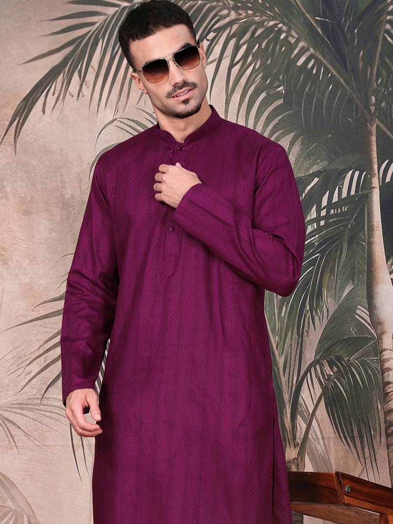 Purple cotton textured kurta for mens