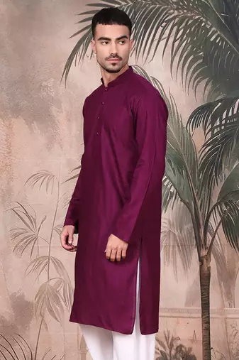 Purple cotton textured kurta for mens
