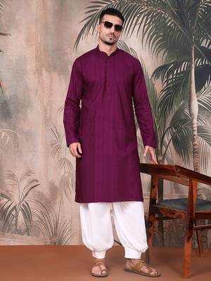 Purple cotton textured kurta for mens 5