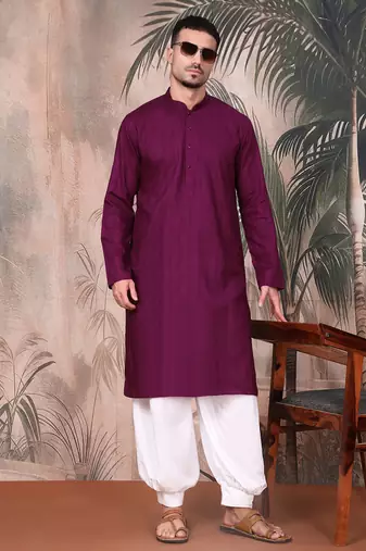 Purple cotton textured kurta for mens