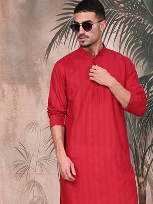 Red cotton textured kurta for mens 1