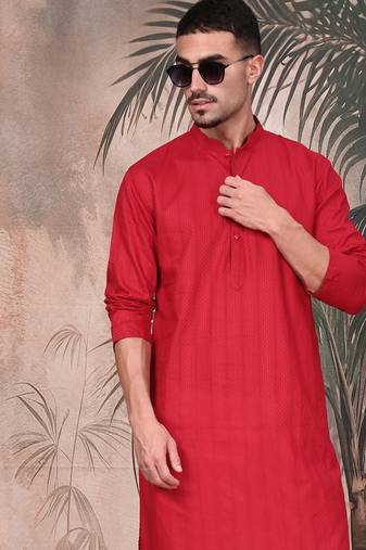 Red cotton textured kurta for mens