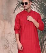 Red cotton textured kurta for mens
