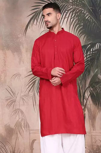 Red cotton textured kurta for mens