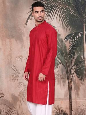 Red cotton textured kurta for mens 3