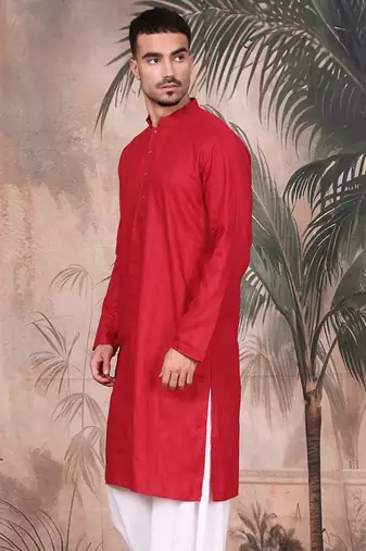 Red cotton textured kurta for mens