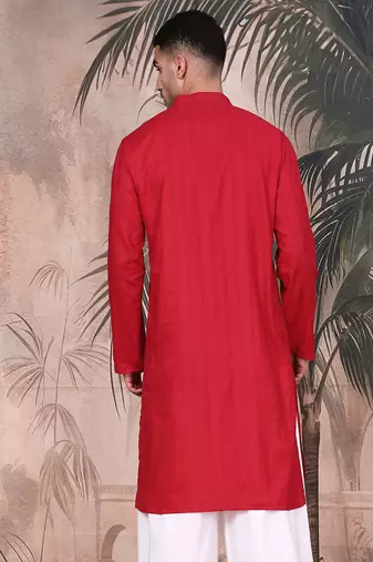 Red cotton textured kurta for mens
