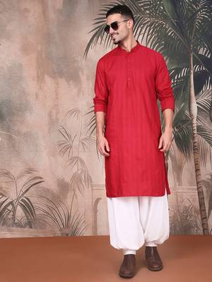 Red cotton textured kurta for mens 5