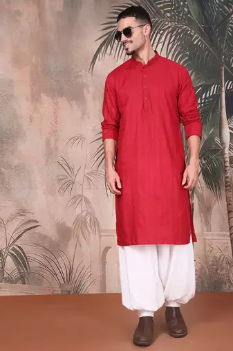 Red cotton textured kurta for mens