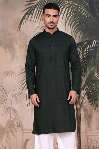 Deep green cotton textured kurta for mens