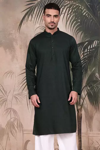 Deep green cotton textured kurta for mens