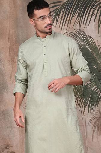 Green cotton textured kurta for mens