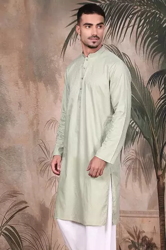 Green cotton textured kurta for mens