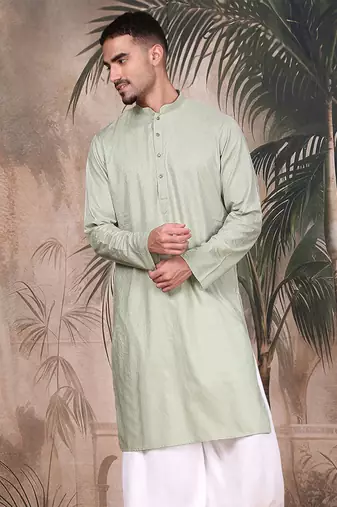 Green cotton textured kurta for mens