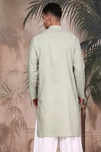 Green cotton textured kurta for mens