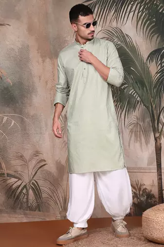Green cotton textured kurta for mens