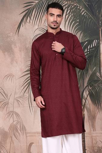 Wine cotton textured kurta for mens