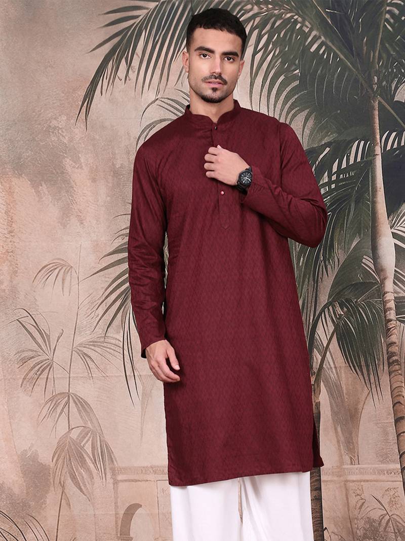 Wine cotton textured kurta for mens