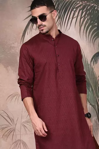 Wine cotton textured kurta for mens