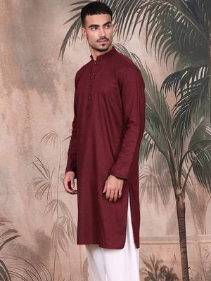 Wine cotton textured kurta for mens 3