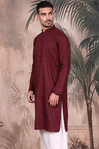 Wine cotton textured kurta for mens