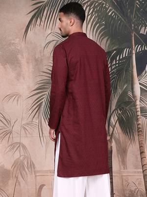 Wine cotton textured kurta for mens 4