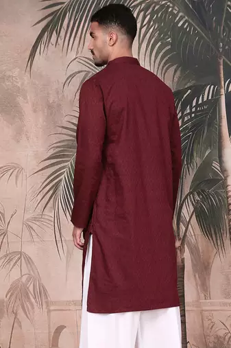 Wine cotton textured kurta for mens