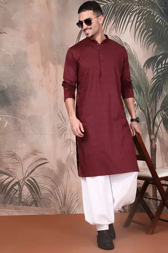 Wine cotton textured kurta for mens