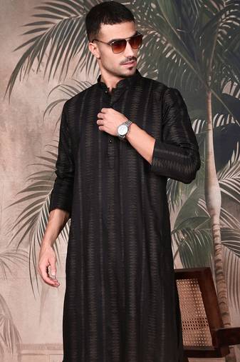 Black cotton textured kurta for mens