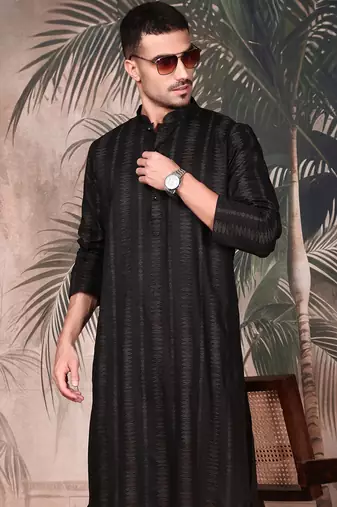 Black cotton textured kurta for mens